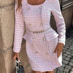 NWT Pascale la Mode Double Breasted Button Pink Plaid Tweed Blazer Dress XS